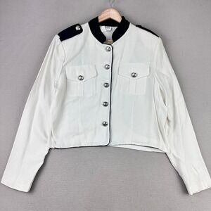 Vintage Lew Magram Cropped Military Blazer Womens 10 White Navy Nautical 90s USA